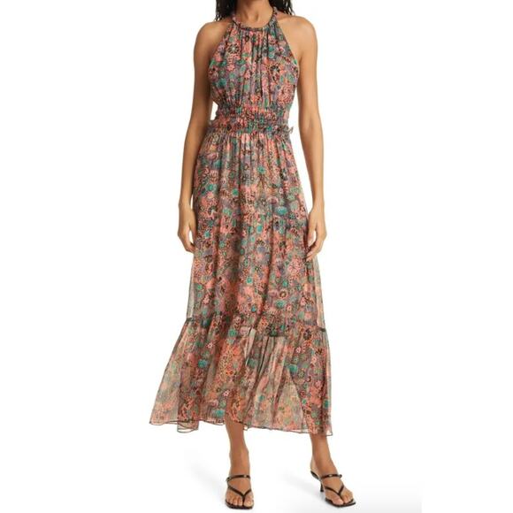 A.L.C. Elara Maxi Dress Silk Lurex Floral Halter Tiered Sleeveless - Picture 1 of 7